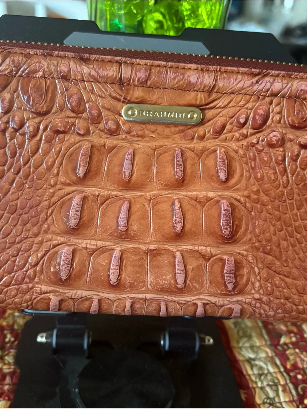 Vintage Brahmin Suri Leather Long Wallet Zip Around Cognac Brown Croc Embossed